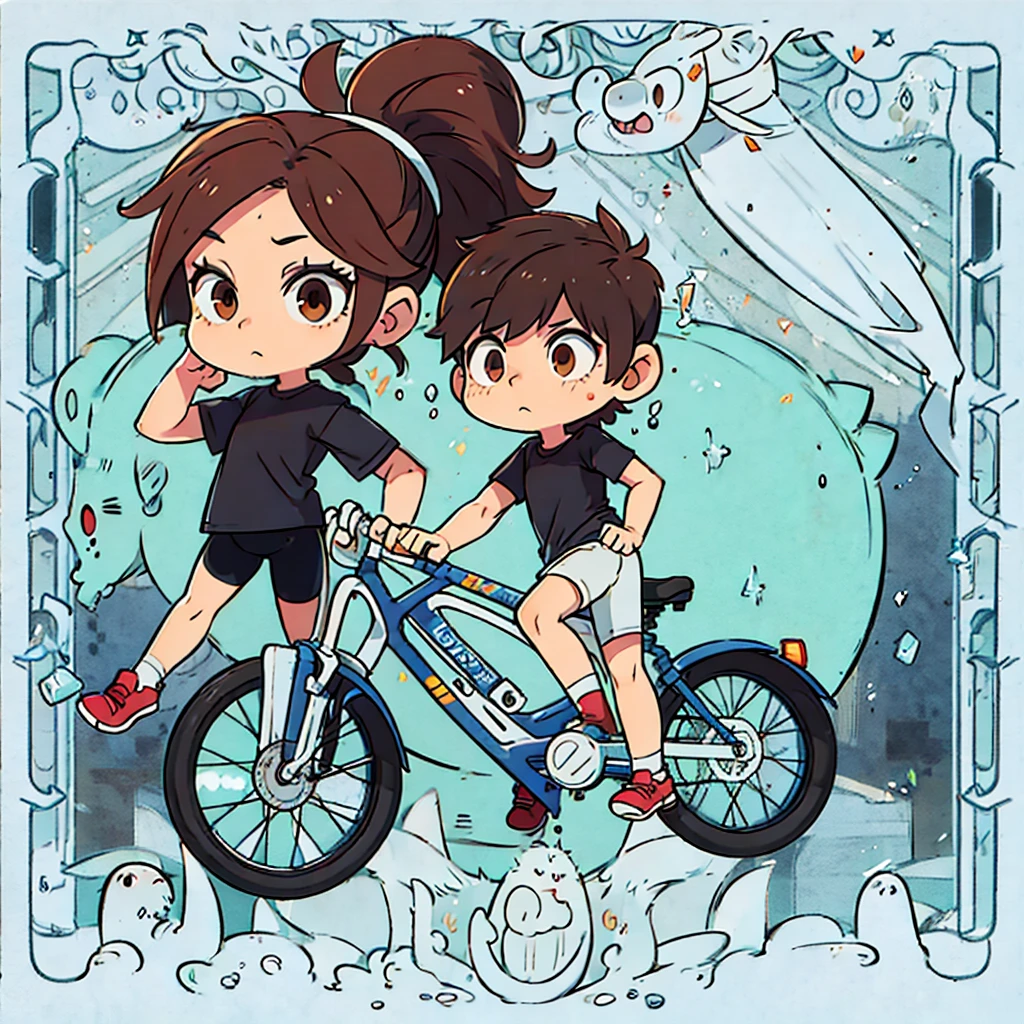 Brown hair tucked into a ponytail, brown eyes, blank look, fair skin, black T-shirt and bike shortsgacha, full body