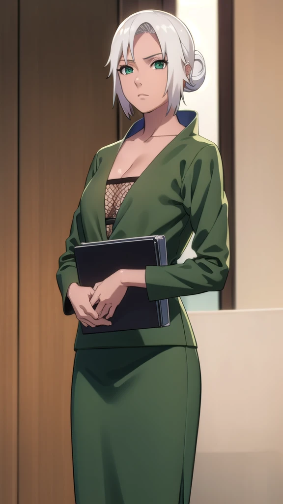 cleavage,mabui, mabui, short hair, (green eyes:1.5), white hair, dark skin, hair bun, dark-skinned female,
BREAK long sleeves, cleavage, fishnets, skirt, long skirt, dress, green dress, green skirt,
BREAK cowboy shot, looking at viewer, 
BREAK indoors,
BREAK (masterpiece:1.2), best quality, high resolution, unity 8k wallpaper, (illustration:0.8), (beautiful detailed eyes:1.6), extremely detailed face, perfect lighting, extremely detailed CG, (perfect hands, perfect anatomy),