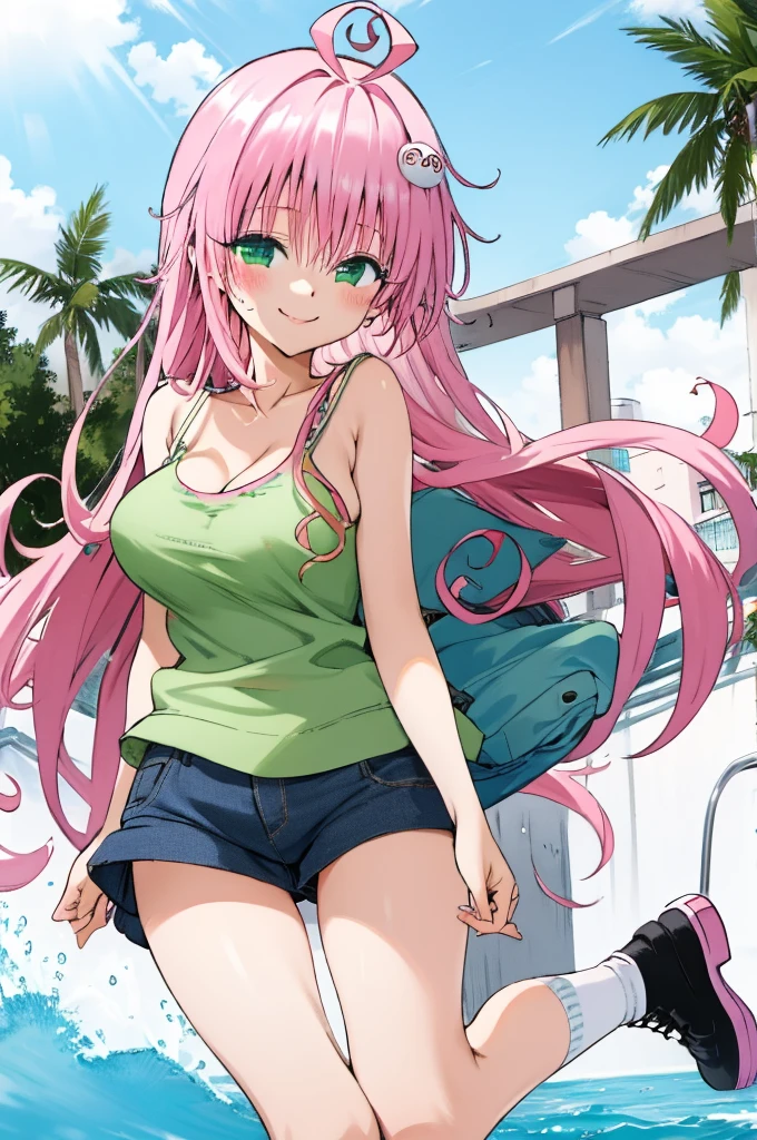 , aalala, long hair, ahoge, hair ornament, green eyes,pink, , huge breasts,,,looking viewer,,,nature,smile,(blush),camisole,miniskirt,socks
