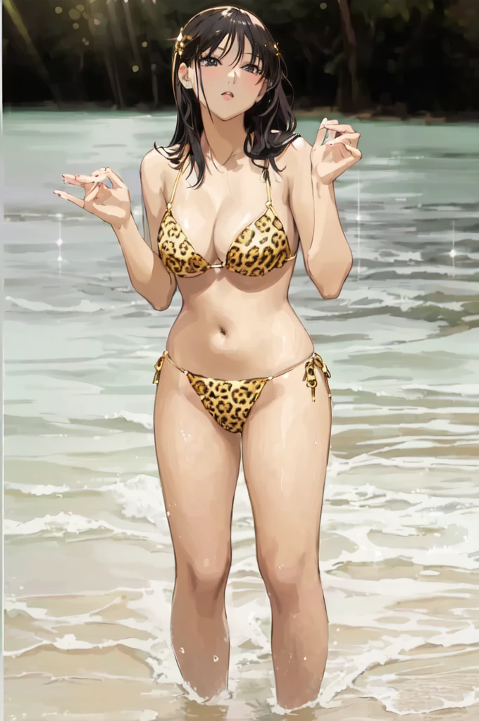 anime  woman in a leopard print bikini posing in the water, in bikini, full body shot in bikini, cute bikini, gorgeous bikini model, young pretty gravure idol, young sensual gravure idol, sexy girl, bikini model, in a bikini, ayami kojima amano, elegant bikini, sophisticated gravure idol, gorgeous figure, young skinny gravure idol, anime style