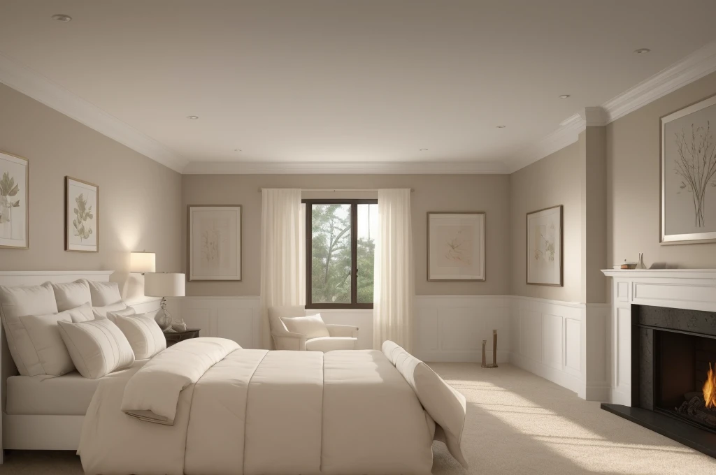 there is a bed with a white comforter and a fireplace in the corner, bedroom interior, well lit 3 d render, warm interior, dimly lit bedroom, 3 d render even lit, realistic soft lighting, highly detailed soft lighting, warm lighting interior, soft natural volumetric lighting, dim bedroom, photorealistic room, natural light in room, soft ambient lighting