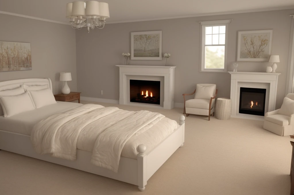 there is a bed with a white comforter and a fireplace in the corner, bedroom interior, well lit 3 d render, warm interior, dimly lit bedroom, 3 d render even lit, realistic soft lighting, highly detailed soft lighting, warm lighting interior, soft natural volumetric lighting, dim bedroom, photorealistic room, natural light in room, soft ambient lighting