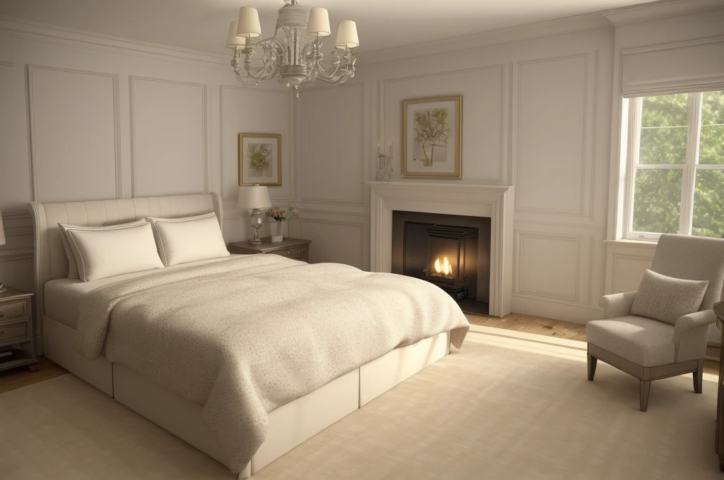 there is a bed with a white comforter and a fireplace in the corner, bedroom interior, well lit 3 d render, warm interior, dimly lit bedroom, 3 d render even lit, realistic soft lighting, highly detailed soft lighting, warm lighting interior, soft natural volumetric lighting, dim bedroom, photorealistic room, natural light in room, soft ambient lighting