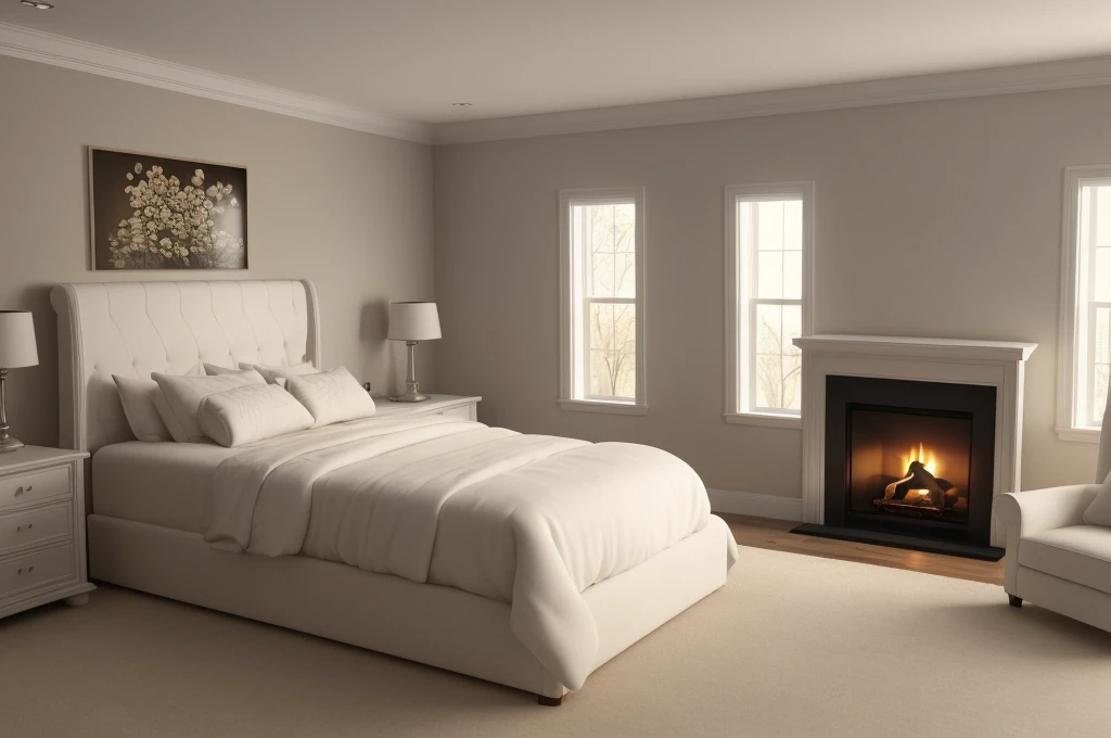 there is a bed with a white comforter and a fireplace in the corner, bedroom interior, well lit 3 d render, warm interior, dimly lit bedroom, 3 d render even lit, realistic soft lighting, highly detailed soft lighting, warm lighting interior, soft natural volumetric lighting, dim bedroom, photorealistic room, natural light in room, soft ambient lighting