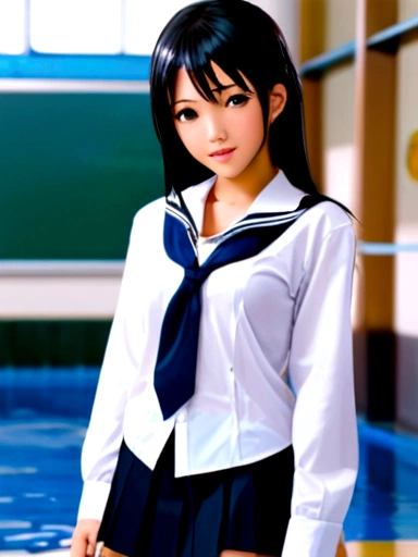 Nipples visible from white shirt, wet shirt, no panties, full body figure, black hair long straight, high school student, uniform, sexy, bra, Japan person, 17 years old,