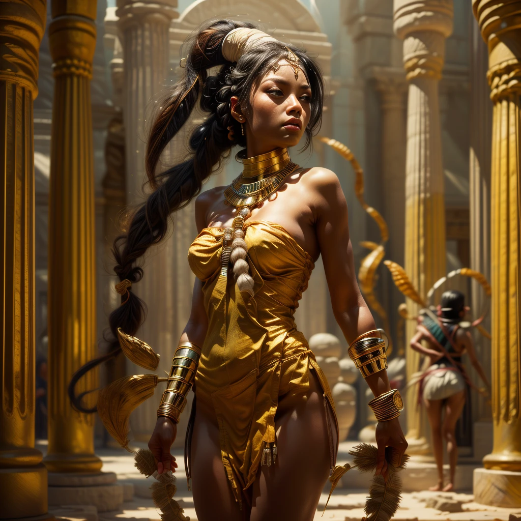 Female mummy, detailed eyes, (long long twin-tail hair: 1.7), intricate Egyptian-style bandages wrapped around the whole body, golden jewels and ornaments, mysteriously glowing blue aura, ancient Egyptian temple background, dramatic lighting, cinematic composition, muted colors, masterpiece, 8k, photorealistic, ultra-detailed