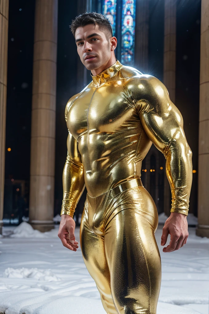 ultra high res, best quality, photo, 4k, (photorealistic:1.4), cinematic lighting, a muscular man, abdominal muscle, wearing gold shiny tight latex crop top,gold shiny tight latex leggings,cyberpunk environment, snow and environment in the background, cathedral of , portal of the future, volumetric light, HD, magic, god light, backlighting, detailed face, contrapposto,tight suit showing his muscular features,big biceps,muscular body,big body