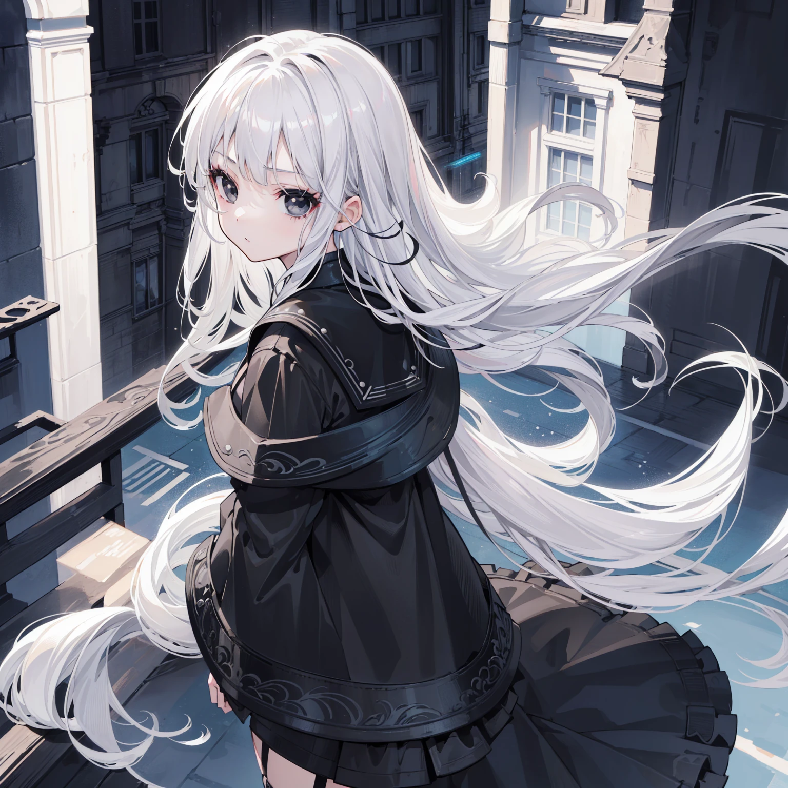 (Top image quality)、(Ultra Detailed)、(Facing forward)、top quality、masterpiece、((((1 girl))))、Silver Hair、white hair、((Long hair))、(black eyes:1.6)