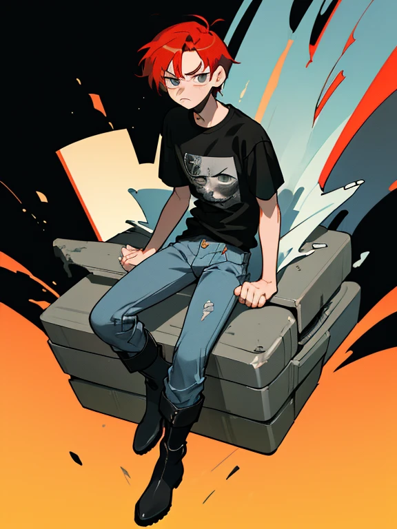 17-year-old male adolescent, height 1.70 red hair, a little long, tired gray eyes and a serious and cold face, wearing old blue jeans, a black t-shirt and old black boots.