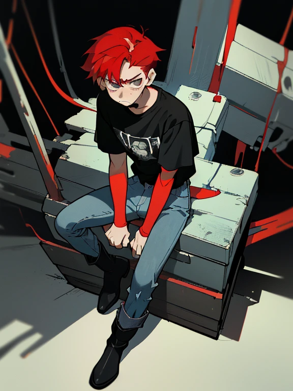 17-year-old male adolescent, height 1.70 red hair, a little long, tired gray eyes and a serious and cold face, wearing old blue jeans, a black t-shirt and old black boots.
