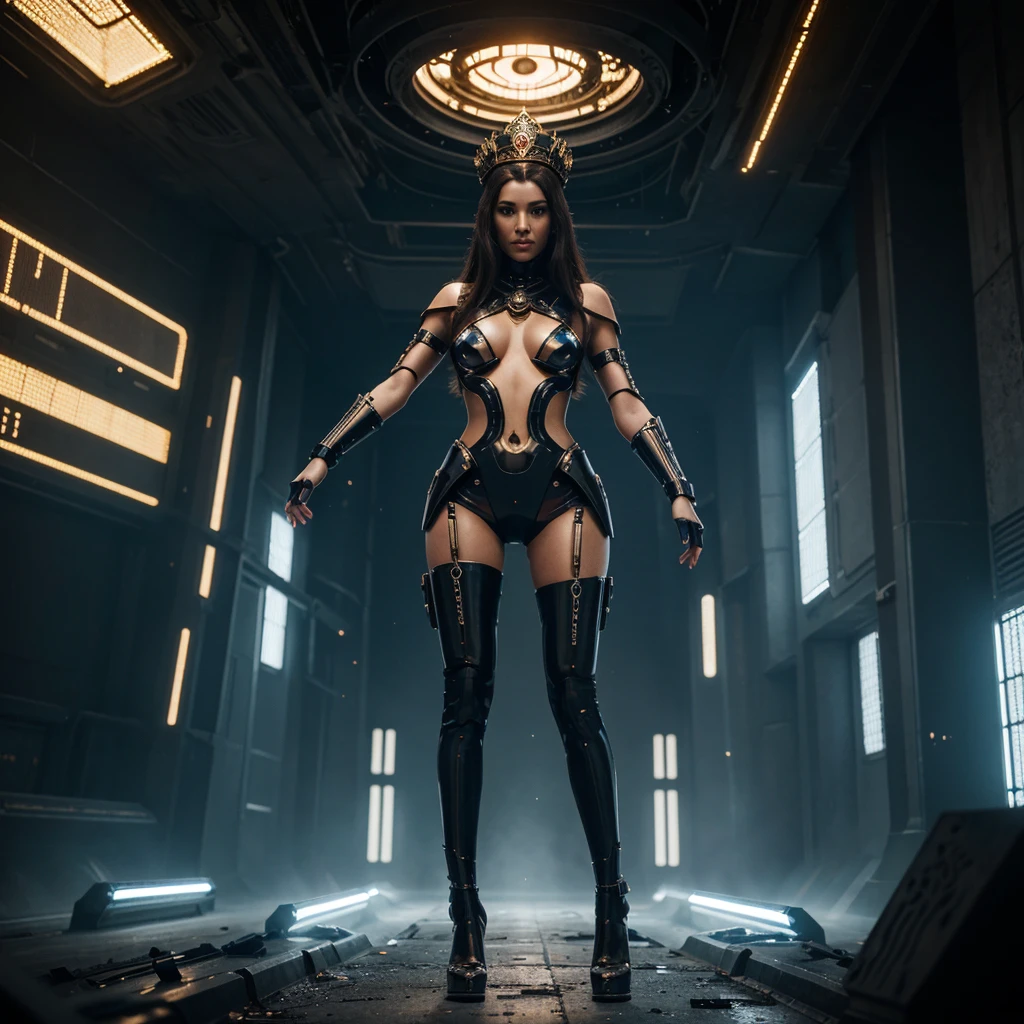 A full-body portrait of a seductive female cyborg, with an extravagant headpiece resembling an ancient crown with futuristic elements. She has long legs and a curvaceous figure. Her face has sharp features with metallic inserts. Her outfit is made of transparent material with integrated glowing lines. The background depicts a post-apocalyptic world with ruins and remnants of technology. She is raising one hand upwards as if addressing an audience or controlling something.