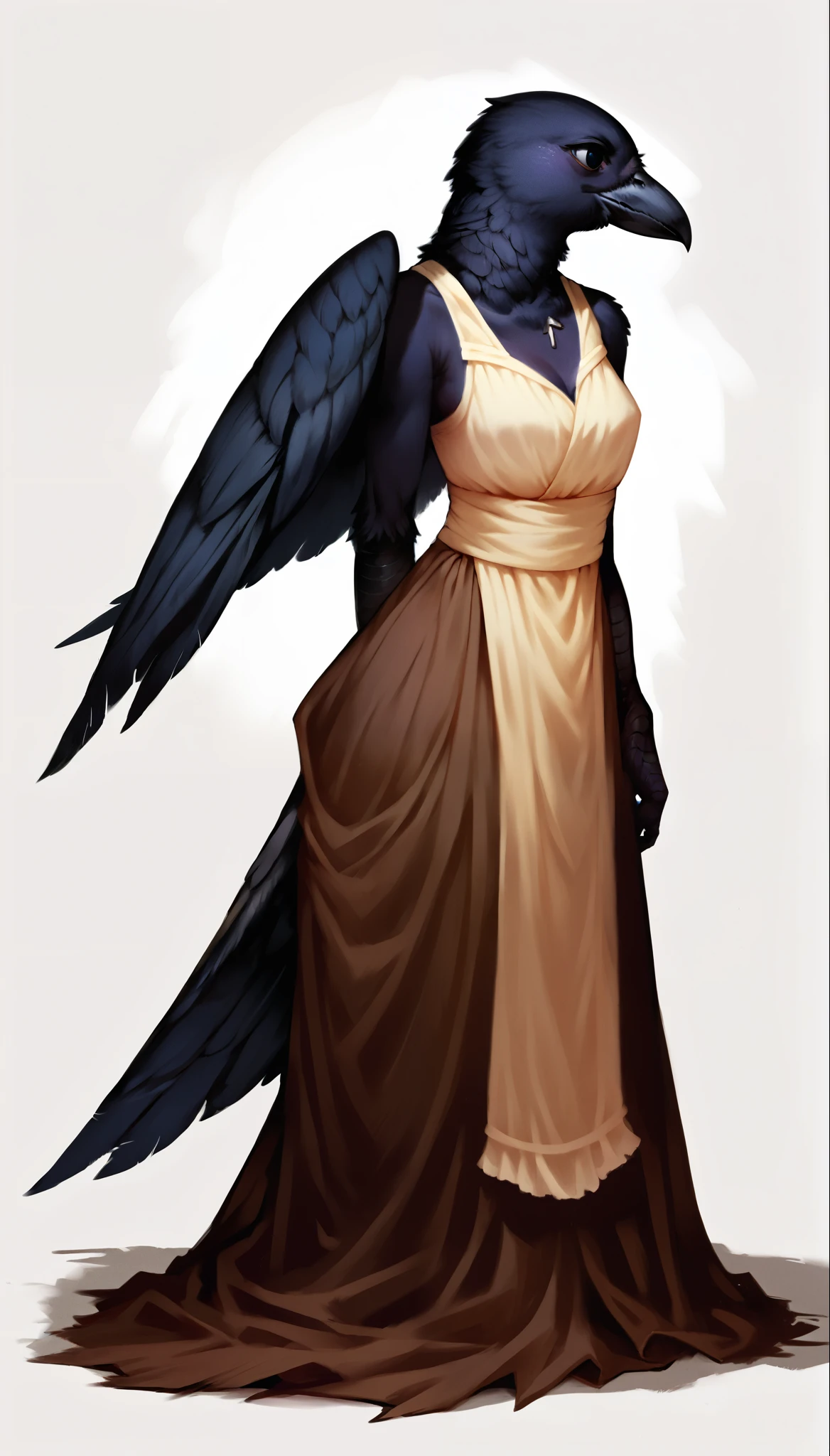 score_9, score_8_up, score_7_up, (clear simple background, white background, papyrus background), ((SFW:1.5))
(Bird, Crow:1.35)), _young, anthro, solo, (female), (fullbody, focus), (feathered, wings, tail), beautiful, (Dressed)
