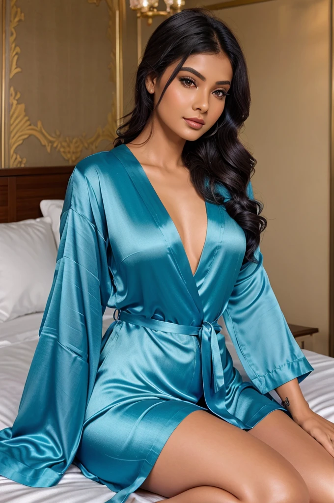 A indian lady weaing half sleeve ocean blue satin robe sitting on satin bed