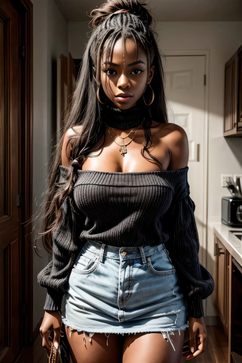 1 black girl, age 25, standing alone, long hair, Colossal , gazing at viewer, slickedback hair, bared shoulders, eyes browns, jewelry, whole body, a necklace, off the shoulders, Printed sweaters , realisitic, sexly