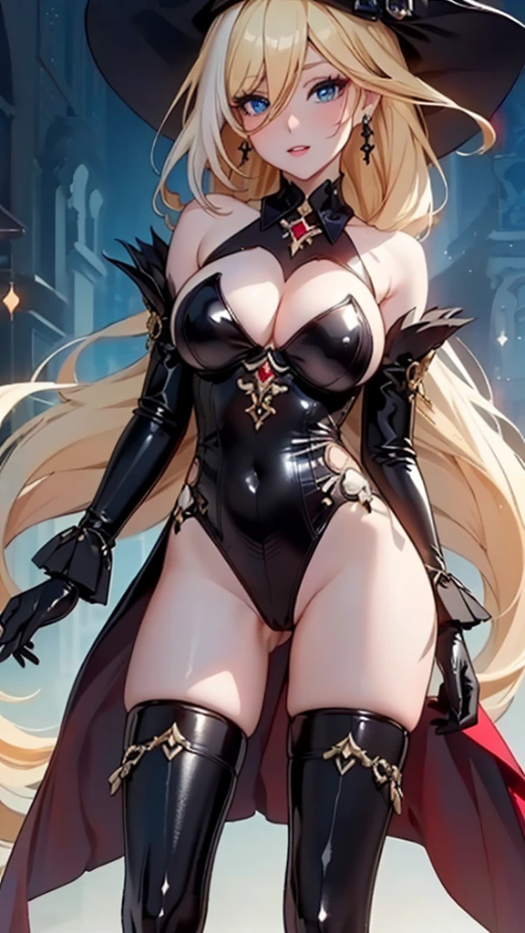 ((Masterpiece, ultra-high definition, ultra-high definition, 8K quality)), 1 beautiful female, witch hat (shining blonde, long bangs) (heart-shaped pupils) ((shining clear blue eyes, Very long eyelashes)) (orgasm) (black PVC knee-socks) (black PVC long gloves) (purple sequined micro bikini) big breasts, skinny body, sexy pose,