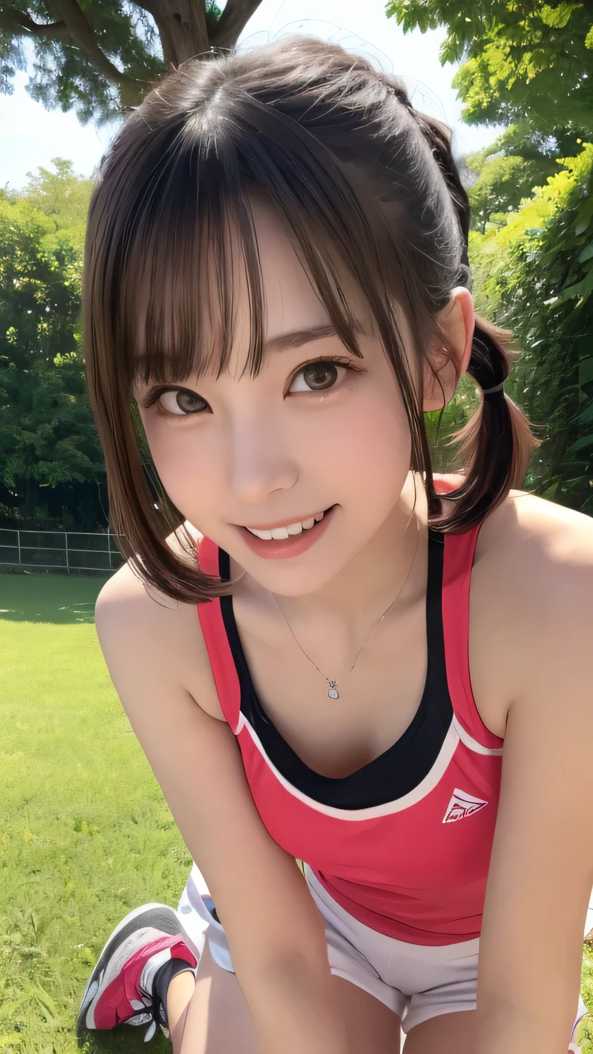 closeup shot , Best picture quality (8K, high resolution, Masterpiece: 1.2), super detailed, 215 Short Hair, 16-year-old woman,
situation: Woman enjoying an evening jog in the park。
clothing: Sportswear、running shoes、head band。
Hairstyle: Twin tails、Sporty vibe。
angle:
Close-up: A serious expression while jogging、A detailed look at the moment when sweat is wiped away。
Detailed depiction: With the greenery of the park and the sunset in the background、Emphasizing a healthy lifestyle。
Emotional moment: The sense of accomplishment of jogging、Capture the moment you refresh in nature。
, Close-up of face
, random cute pose ,big eyes ,Puffy eyes , Heart Pupil, blush , huge shy smile , salute