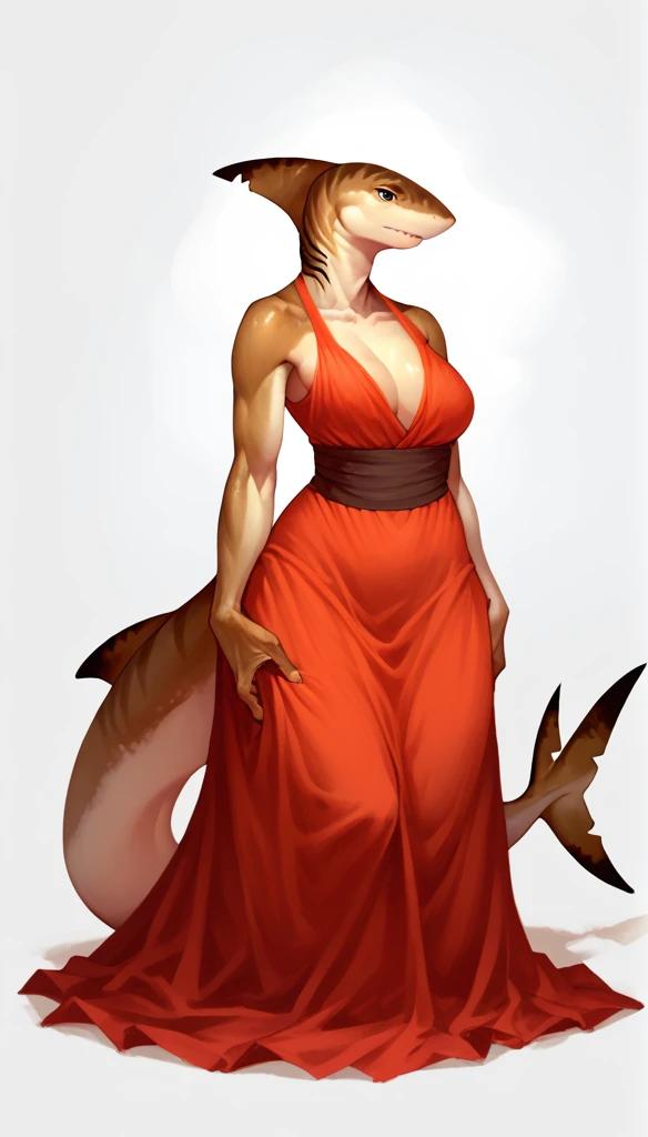 score_9, score_8_up, score_7_up, (clear simple background, white background, papyrus background), ((SFW:1.5))
(Shark:1.35)), _young, anthro, solo, (female), (fullbody, curvy body, focus), (tail), beautiful, (Dressed)