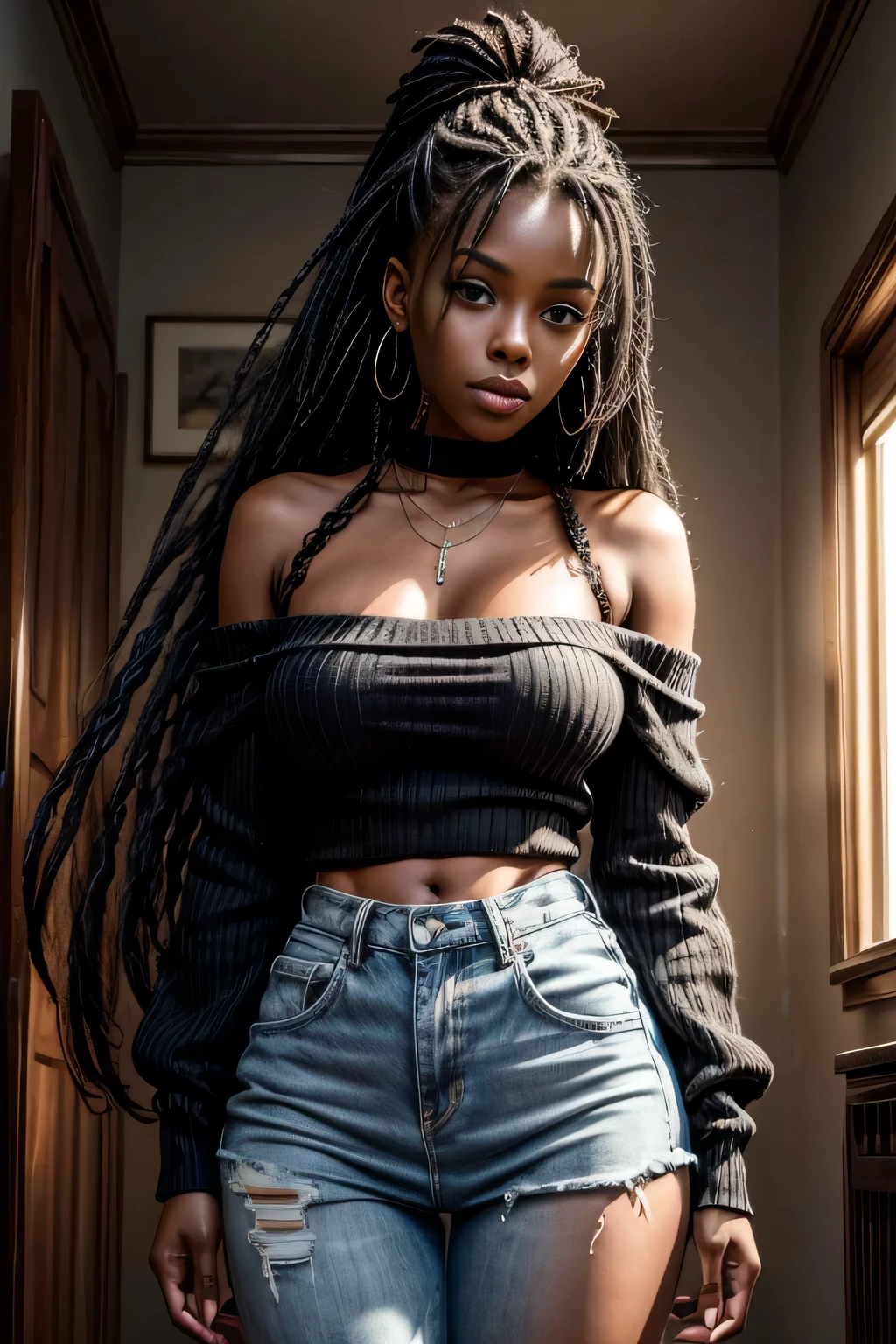 1 black girl, age 25, standing alone, long hair, Colossal , gazing at viewer, slickedback hair, bared shoulders, eyes browns, jewelry, whole body, a necklace, off the shoulders, Printed sweaters , realisitic, sexly