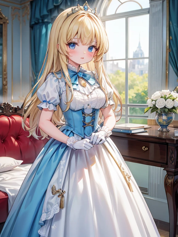 masterpiece, Highest quality, Very detailed, 16K, Ultra-high resolution, Cowboy Shot, anatomically correct, 16-year-old girl, Detailed face, blue eyes, Blonde, Long Straight, victorian dress, Crimson Dress, tiara, brooch, White gloves, Long Skirt, royal palace, throne, stand