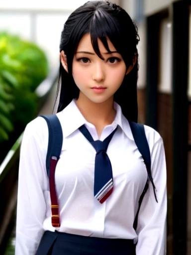 Nipples visible from white shirt, wet shirt, no panties, full body figure, black hair long straight, high school student, uniform, sexy, bra, Japan person, ,