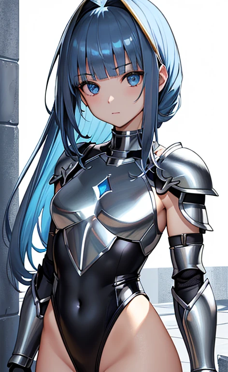 ()、(masterpiece:1.5、Photorealistic:1.4,anime coloring:1.4、high resolution:1.4)、,(spot light:1.2、Exquisite beautiful eye:1.5,)、(stand:1.5)、()、(upper body:1.5)、
(kind eyes、tareme:1.4),()、(Cute Face)、(blue hair:1.5)、(middle hair:1.5),(sidelock :1.6),(blunt bangs:1.3),(1 girl)、(blue eyes:1.2)、(clear face:1.5),()、(solo)、(chromium　metal black :1.5) ,(Abdominal muscles),(small breasts),(),(leotard armor:1.5),(Leg guard)、()、()、Slim Body(),Shiny Hair、
