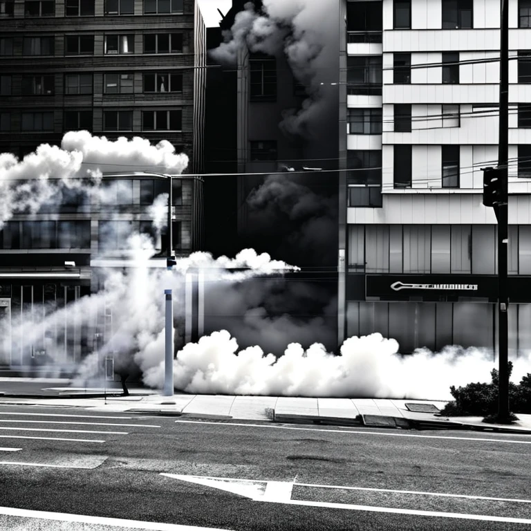 Abstract black and white buildings and smoke