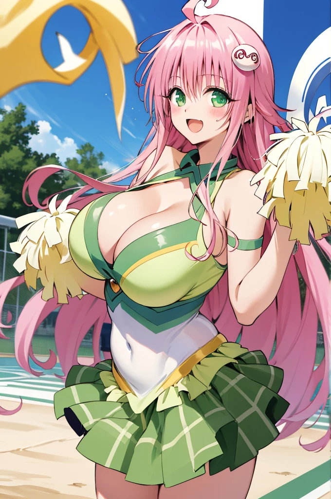 , aalala, long hair, ahoge, hair ornament, green eyes,pink, , (((huge breasts))),,,looking viewer,,,nature,smile,(blush),cheer leader costume,cleavage cutout,open mouth,miniskirt,cowboy shot