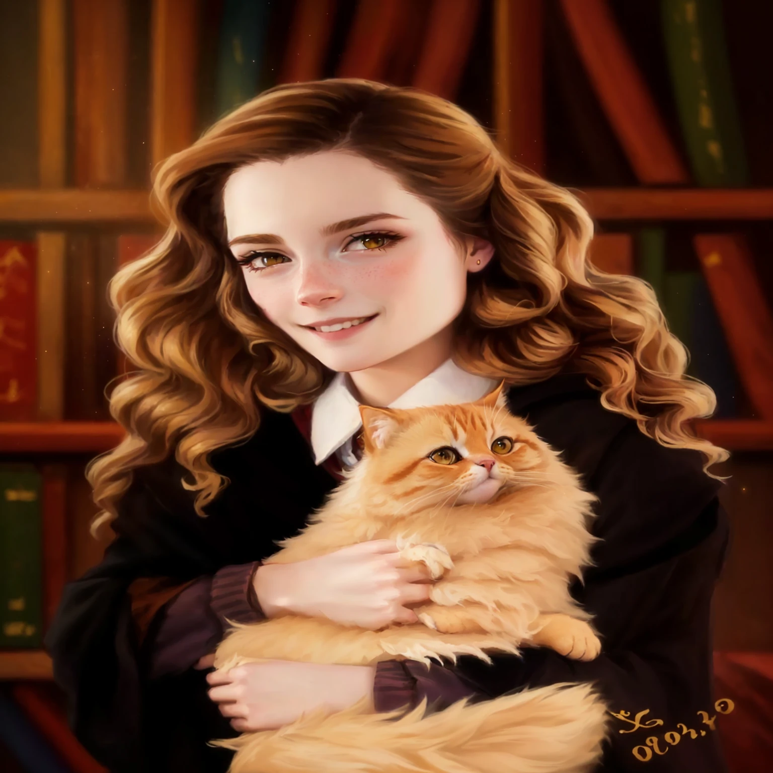 Painting of a woman, holding a cat , inspired by Hermione Hammond, Hermione granger, Hermione, Portrait of Harry Potter, Portrait of Emma Watson, art from Harry Potter, Olivia De Berardini, emma watson as Hermione granger, Portrait of anime Kai Scodelario, fan art, Emma Watson as Harry Potter, cute face, Ginger cat, purple backdrop, glow, smiling, nice smile, 