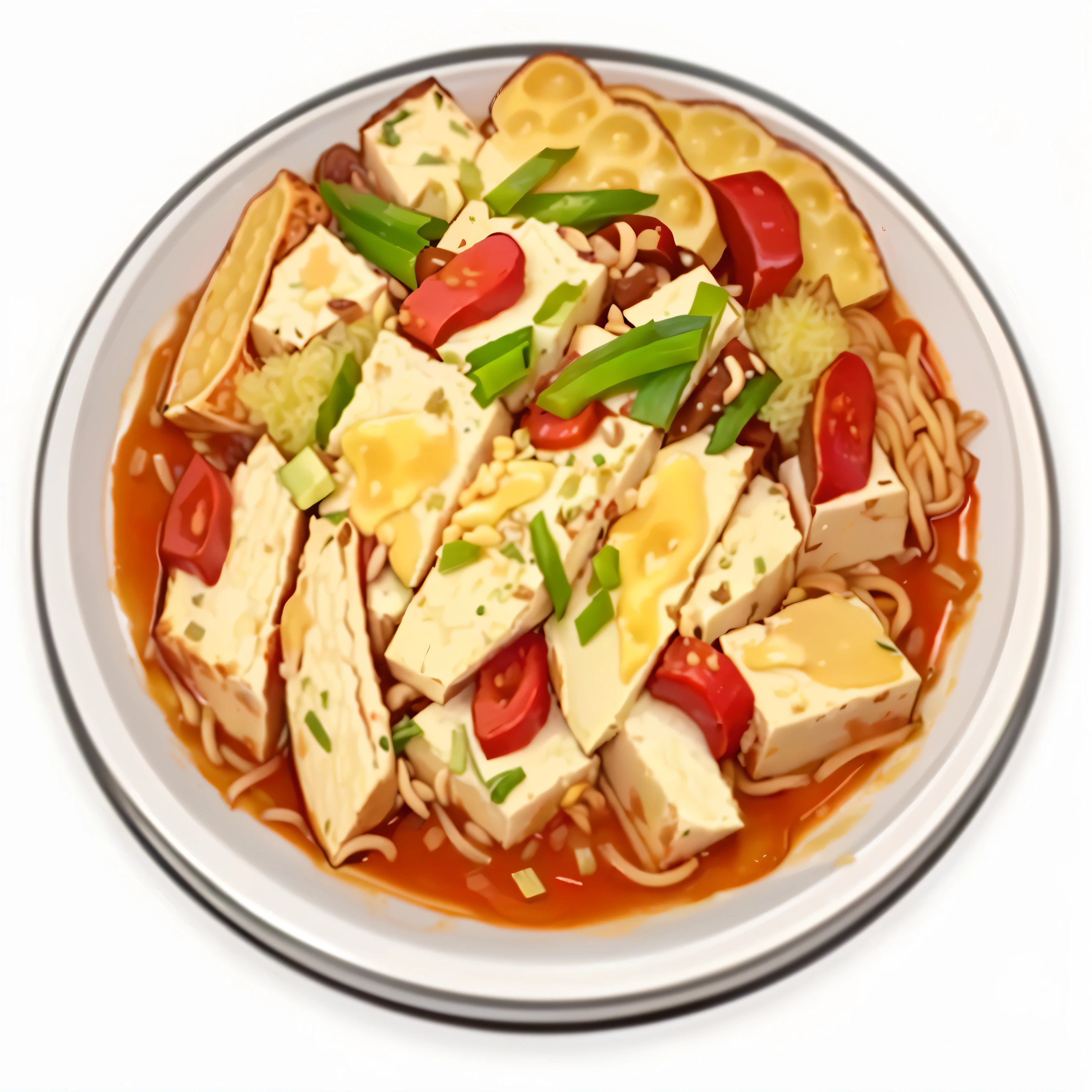 There is a plate of food，It is topped with noodles and vegetables, Map tofu cartoon, Anime Food, gta chinatowon art style, Sauce, feast, Pan Renwei Style, hua cheng, Sichuan, gujian, gourmet food, delicious food, frying pan, very stylized, ❤🔥🍄🌪, Qatar, Korean dinner, longque chen