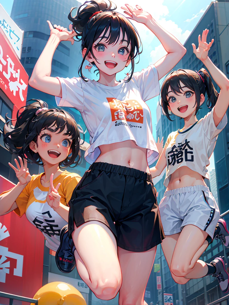A big smile、Jumping、Both arms raised、A happy look、morning、Shibuya、Black Hair、ponytail、The T-shirt is turned up、I can see my belly button