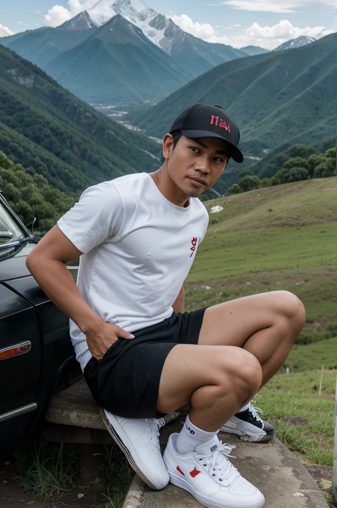 caricature of an Indonesian man wearing a white snap back hat wearing a black t-shirt that says SICK HEART, wearing shorts and white shoes, sitting on the hood of an old hartop. The background of mountains and grass, photo at a distance of 5 meters, is cool and realistic