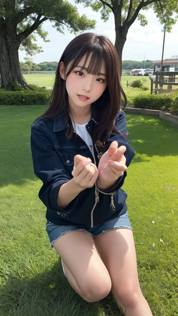 1 Female,((One girl)),((s:1)), cowboy_shot,(from_front:1.5),Eye of the worm,squat,Embrace your feet, On the grass,10 generations, Very young,Innocent beautiful girls, idol's face, Delicate girl:1,feet,knees,(elegant_sandals:1),(Tunic blouse:1.0), (Ruffled tops:1.0), (trainer:1),(cardigan:1),Sleeves are longer than the wrist, overly too long sleeves, (denim_skirt:1.3),at the park,(knees_Away:0.8),(white_elegant_pantiess are visible:1.3),(seamless_pantiess:1.3), (Camel Toe:1), (race_embroidery_panties:0.8),,(Panties in full view:1.5) ,masterpiece, Highest quality, 8K,(beautiful_skin:1),Detailed face,Smooth bristles, Glowing black eyes,Sparkling eyes,Childish,RAW Photos, Professional Lighting, Film Grain, chromatic aberration,Expressionless, (Small eyes and face:1.0), (bokeh:1.1),School Bags