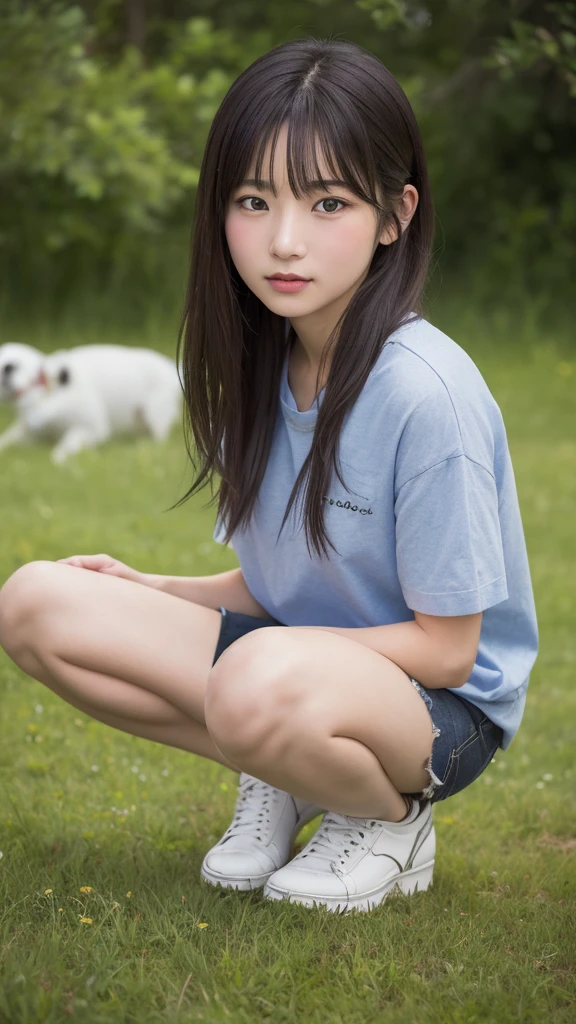 1 Female,((One girl)),((16 years:1)), cowboy_shot,(from_front:1.5),Eye of the worm,squat,Embrace your feet, On the grass,10 generations, Very young,Innocent beautiful girls, idol&#39;s face, Delicate girl:1,feet,knees,(elegant_sandals:1),(Tunic blouse:1.0), (Ruffled tops:1.0), (trainer:1),(cardigan:1),Sleeves are longer than the wrist, overly too long sleeves, (denim_skirt:1.3),at the park,(knees_Away:0.8),(white_elegant_pantiess are visible:1.3),(seamless_pantiess:1.3), (Camel Toe:1), (race_embroidery_panties:0.8),,(Panties in full view:1.5) ,masterpiece, Highest quality, 8K,(beautiful_skin:1),Detailed face,Smooth bristles, Glowing black eyes,Sparkling eyes,Childish,RAW Photos, Professional Lighting, Film Grain, chromatic aberration,Expressionless, (Small eyes and face:1.0), (bokeh:1.1),School Bags