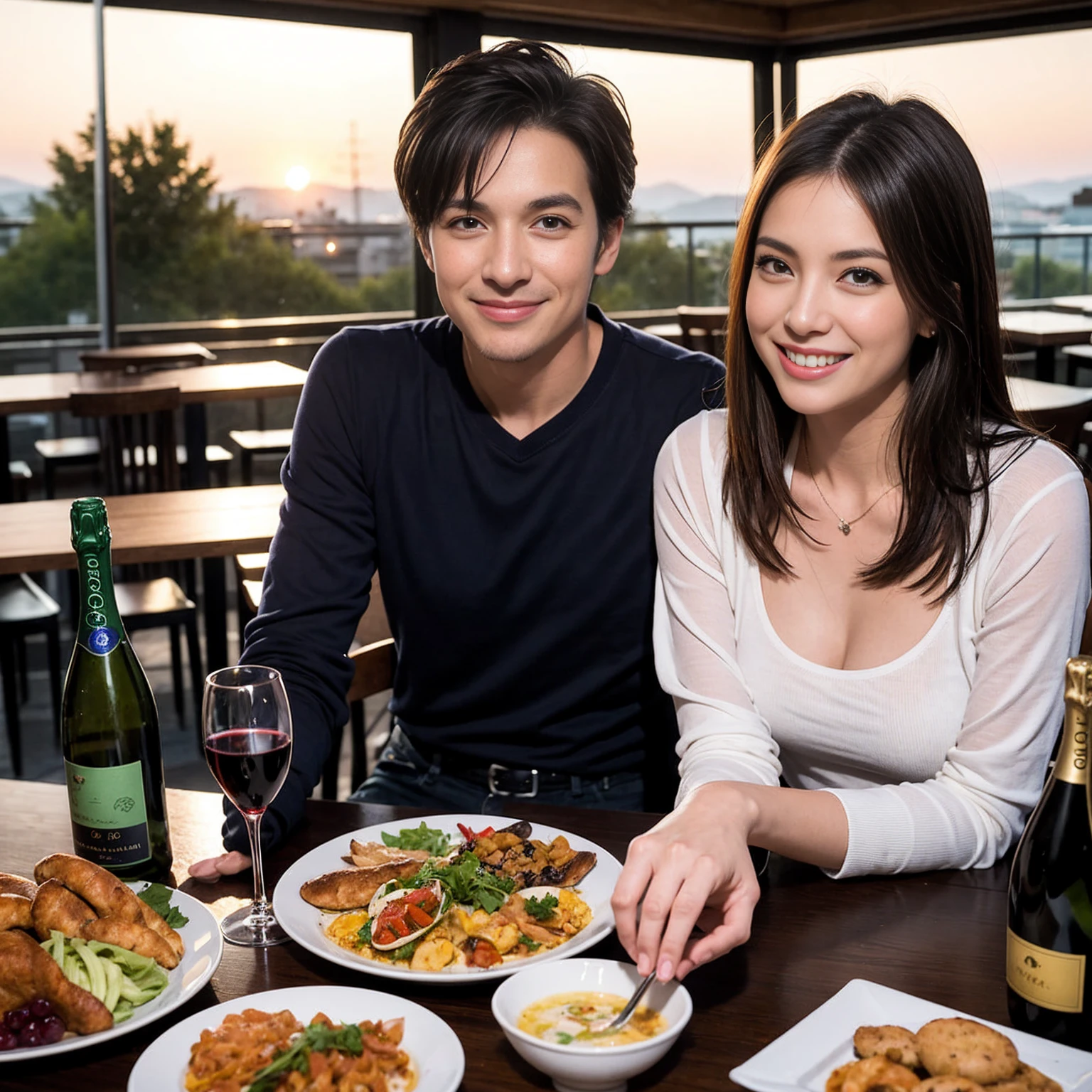 ((Highest quality、、masterpiece:1.3))、1 male、1 female、spouse、Beautiful couple、Japanese couple、smile、 (Slim face), (the body is スリム), (Brown Hair), (Shortcuts), ((Bob Hale、Straight hair:1.2)), テーブルの上のwine glass、Please shine a light on my face、 Amazing view of the sunset sky and clouds、Amazing mountain views、smileの美しさ、Bright imYear、Blushing, Shortcuts,Bright Face、 Year), 39 Year, red wine 、Appetizers、Italian food、Wine bottle、Champagne、sparkling wine、Long sleeve shirt、dress、Attractive beauty、restaurant, Nova Frog Style, actress, model, Upper Body, White wine, red wine, wine glass, 