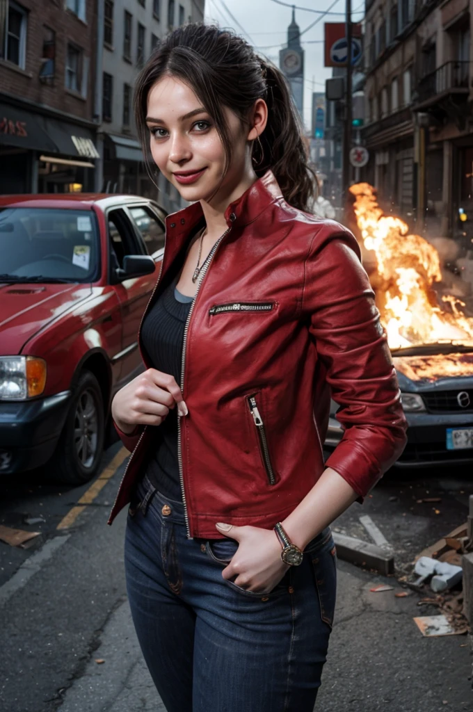 1girl, (realistic),(hyperrealism),(best quality),(masterpiece),(ultra high res),(photorealistic),idol,eye makeup,detailed eyes,detailed face,black dress, claireredfield2, brown hair, (red jacket:1.2), ponytail, (denim pants:1.3),, red wristband,, abandoned street, burning cars in background, littered street, smoke, chaos, zombie apocalypse, daytime, sunny,, hands in pocket, looking at viewer, smiling, closeup shot