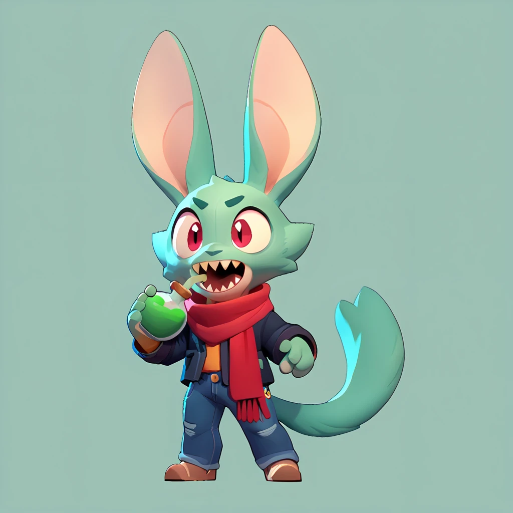 Full body view of a small spherical male monster with light teal fur, long ears, sharp teeth, open mouth, dressed in jeans and a red scarf, drinking a green potion