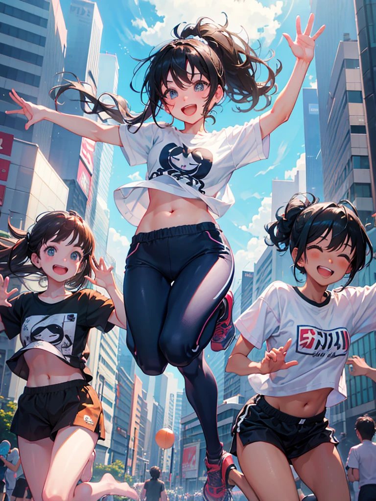 A big smile、Jumping、Both arms raised、A happy look、morning、Shibuya、Black Hair、ponytail、The T-shirt is turned up、I can see my belly button