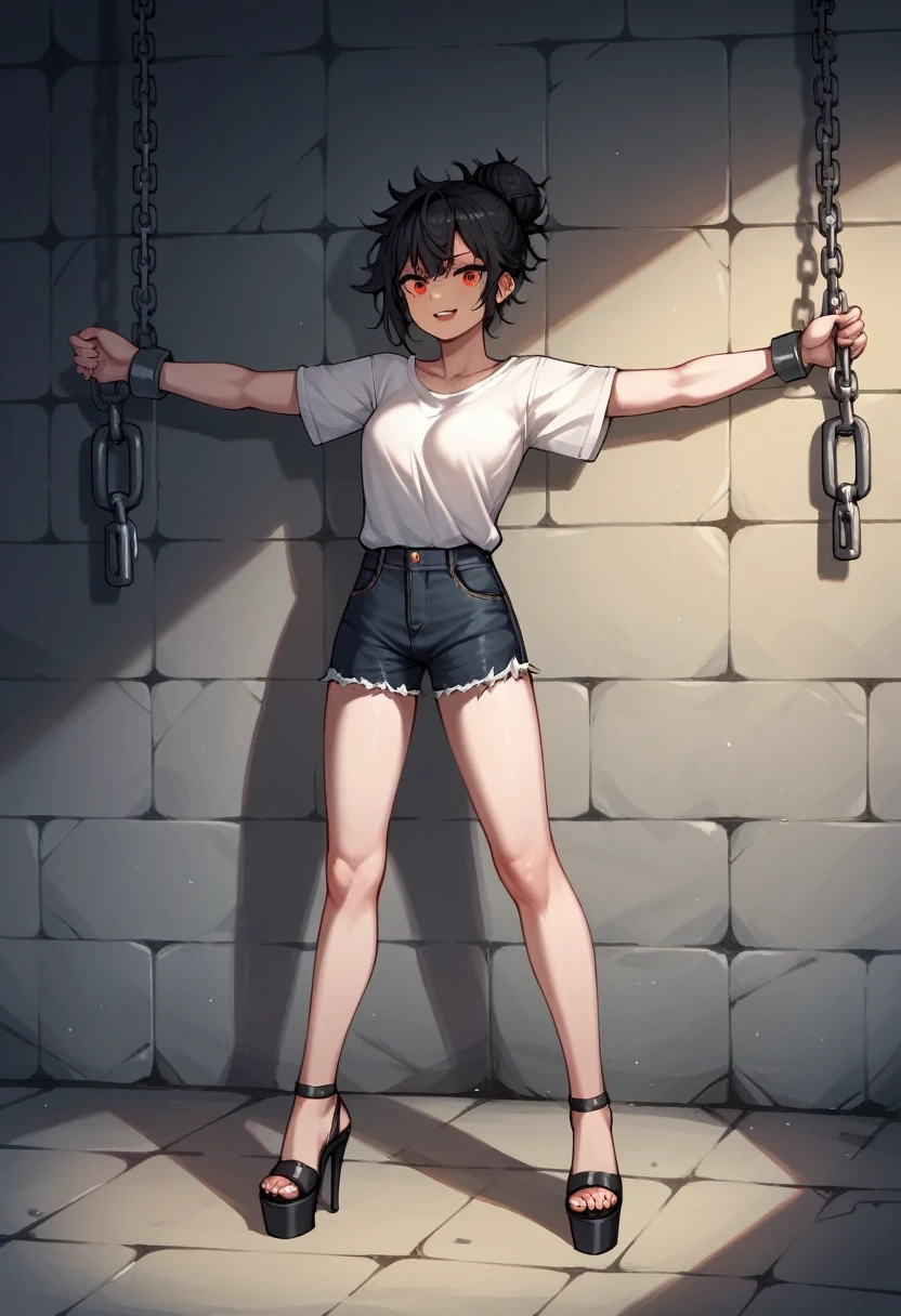score_9, score_8_up, score_7_up, score_6_up, score_5_up, score_4_up, source_anime, 1girl, black hair, hair bun, orange eyes, w-w-chain, spread arms, messy hair, white shirt, shorts,high heels,platform,dungeon, best quality, best res, 4K UHD,