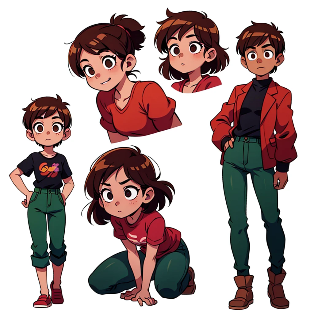 Girl with brown hair, green pants and black shirt, cel shaded!!!, single character full body, Random Pose, full body portrait of a short!, cel shaded:15, !!full-length portrait!!, Anime model in full growth, single character full body, female full body, oc render, Full-length female body,