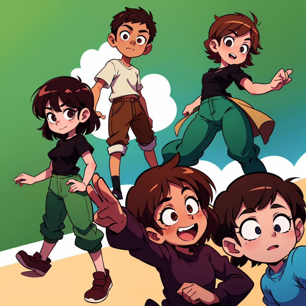 Girl with brown hair, green pants and black shirt, cel shaded!!!, single character full body, Random Pose, full body portrait of a short!, cel shaded:15, !!full-length portrait!!, Anime model in full growth, single character full body, female full body, oc render, Full-length female body,???