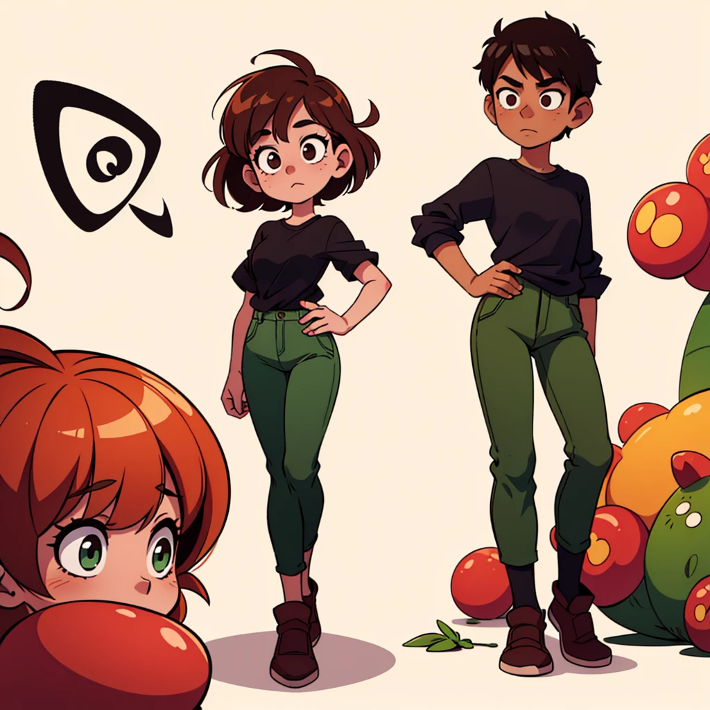 Girl with brown hair, green pants and black shirt, cel shaded!!!, single character full body, Random Pose, full body portrait of a short!, cel shaded:15, !!full-length portrait!!, Anime model in full growth, single character full body, female full body, oc render, Full-length female body,???