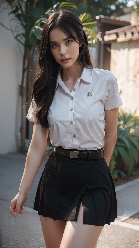 girl, white_shirt, short sleeve, black_skirt, shirt_hide_in, brown_belt