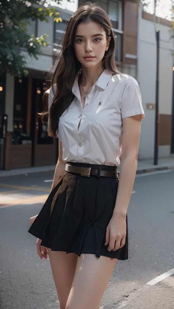 girl, white_shirt, short sleeve, black_skirt, shirt_hide_in, brown_belt