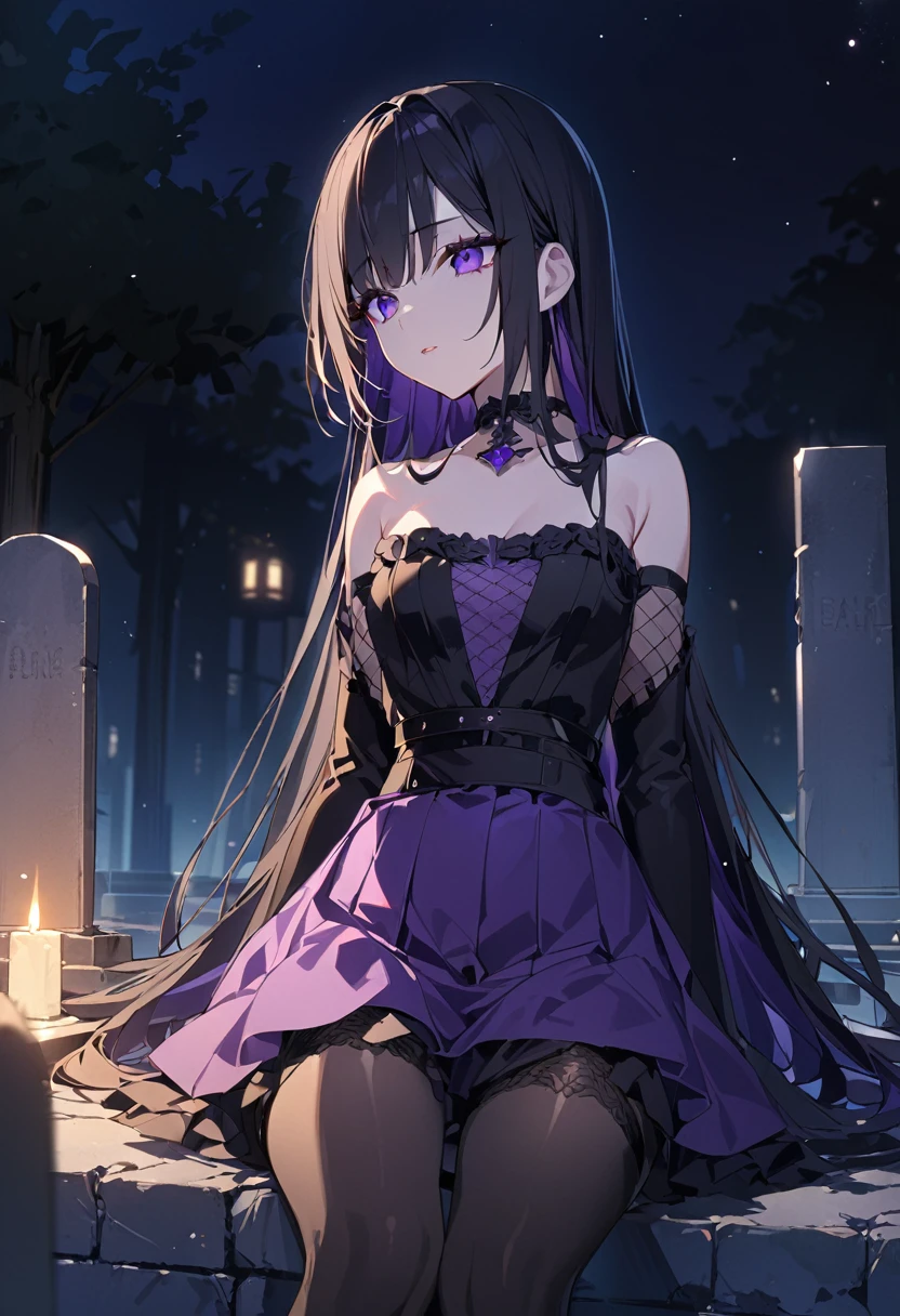 One girl、masterpiece、Highest quality、Fair skin、beautiful girl、Purple extensions、Black Hair、Purple Skirt、Black tights、night、Sitting on the grave、anime
