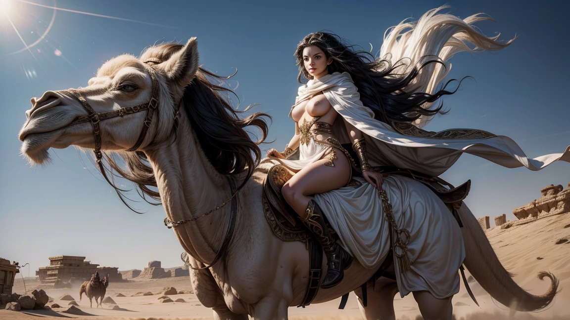 fantasy, beautiful girl, long wavy black hair, dressed in a short white cape, naked, riding a camel, alone against the backdrop of a post-apocalyptic desert