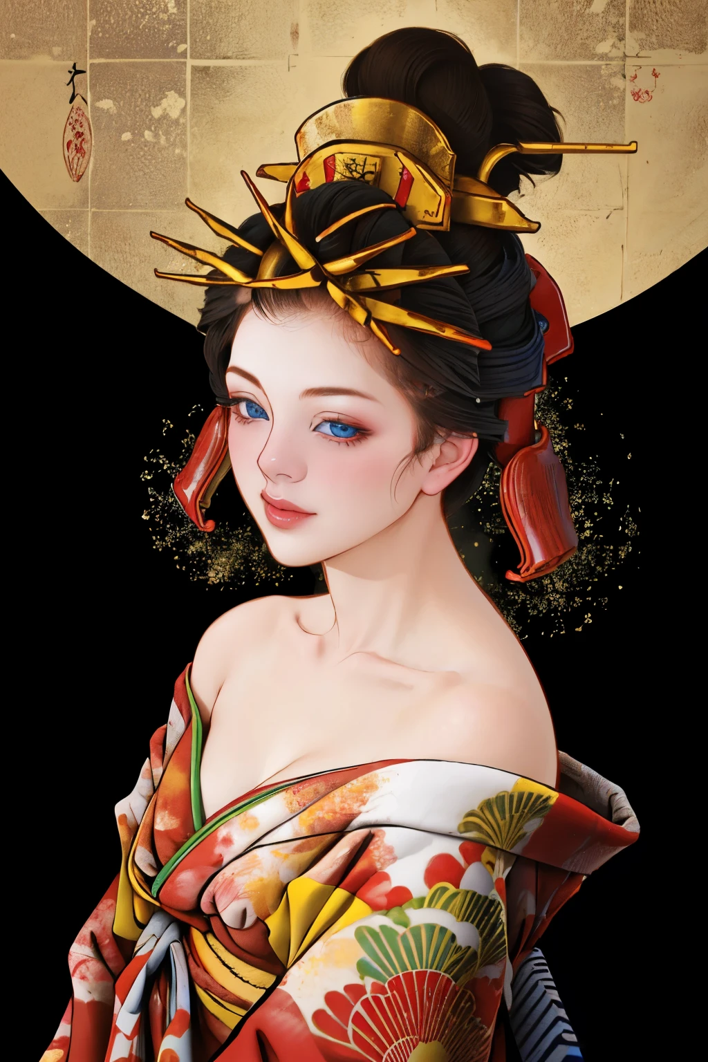 1 Girl, alone, Oiran, country, Looking at the audience, short hair, ((Beautiful Blue Eyes)), Black Hair, Blunt bangs, Updo, Bobcut, hairpin, many hairpins, hair ornaments, Upper Body, kimono, kimono, Compensate, ((Bare shoulders)),