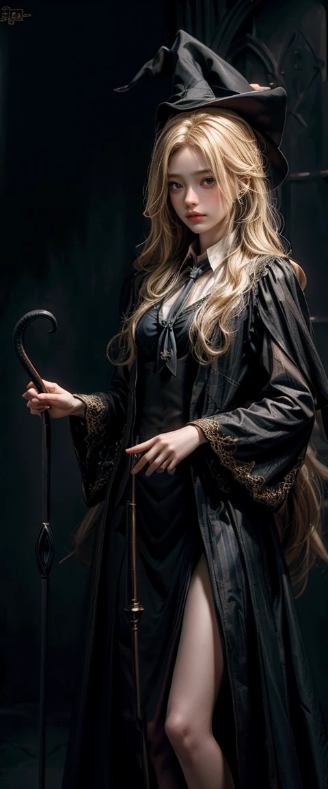 Witch Girl,Long, light blonde hair,Light blonde hair,Black-blue witch ,Wear a blue-black striped tie., Holding a magic wand to cast spells ,Highest quality, Highest picture quality, high resolution, realistic, 8K, Highly detailed,In a small dark medieval room