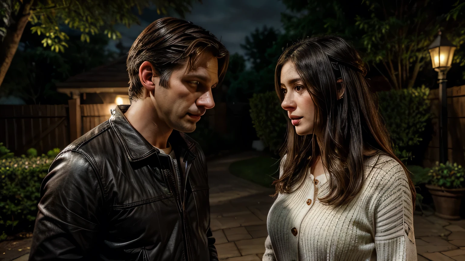a pretty white woman, 27 years old, dark-haired, talking to a middle age man, dark-haired, high quality, detailed, photorealistic, warm lighting, outside the house ambience, intricate details, masterpiece, 8k, ultra-detailed