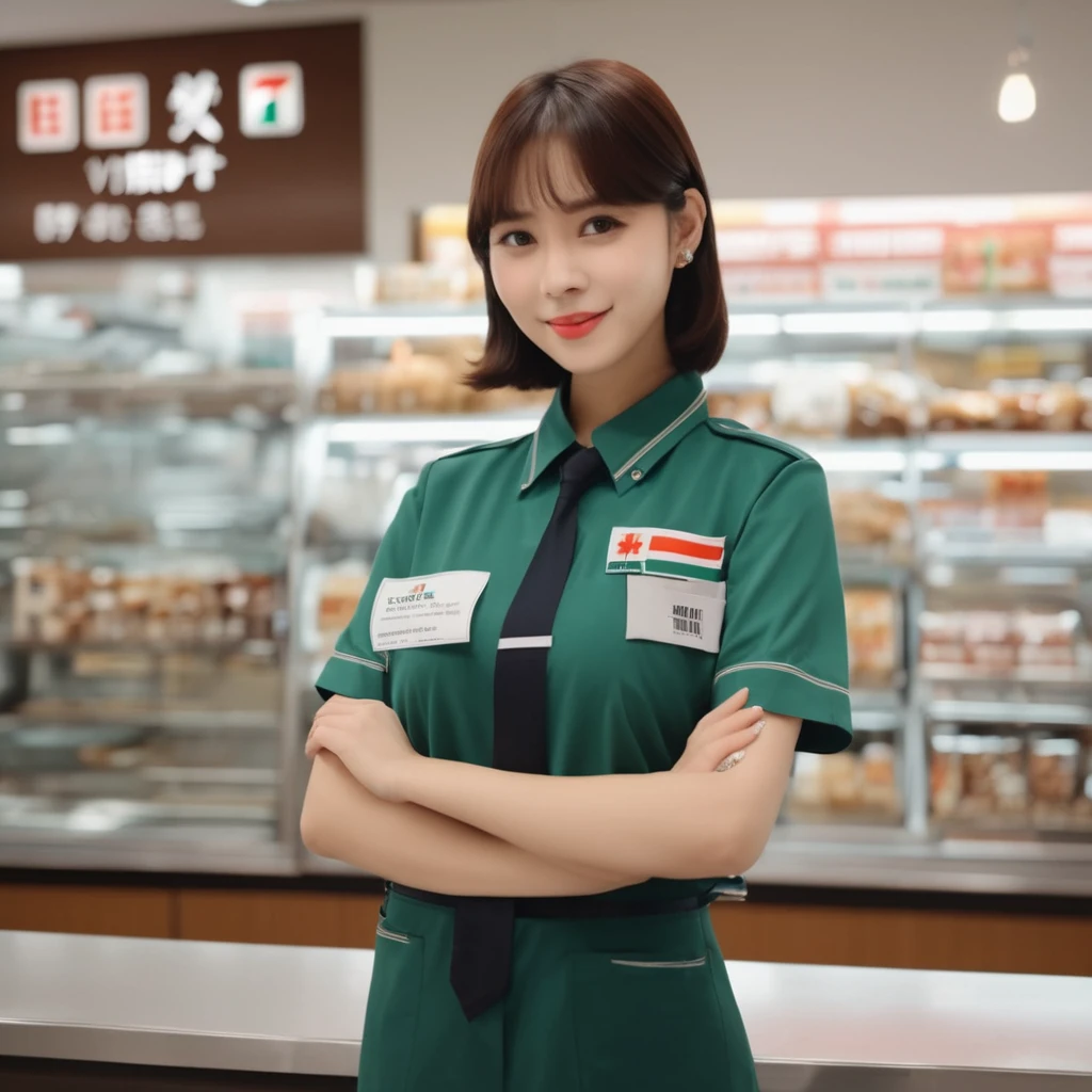 Cinematic top quality, Super detailed,Seven Eleven showing their , scenery, indoor, ID card, One girl, box, Brown Hair, shirt, short hair, uniform, Holding, employee uniform, Short sleeve, Black Hair, Realistic, photograph (Moderate), photograph background、uniformを完全にはだけておっぱいを見せている
. Emotional, Harmonious, Vignette, Very detailed, High budget, Bokeh, CinemaScope, Sulky, amazing, nice, Film Grain, granular