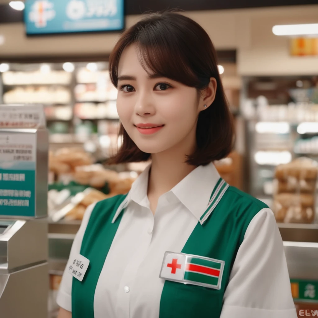 Cinematic top quality, Super detailed,Seven Eleven showing their , scenery, indoor, ID card, One girl, box, Brown Hair, shirt, short hair, uniform, Holding, employee uniform, Short sleeve, Black Hair, Realistic, photograph (Moderate), photograph background、uniformを完全にはだけておっぱいを見せている
. Emotional, Harmonious, Vignette, Very detailed, High budget, Bokeh, CinemaScope, Sulky, amazing, nice, Film Grain, granular